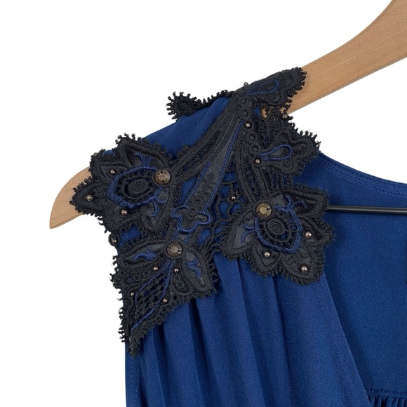 Laundry Cobalt Blue with Black Lace Faux Wrap Midi Dress - Picture 4 of 7